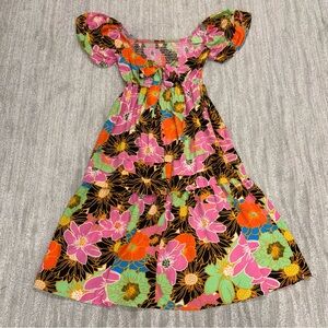 Pinch Women’s Smocked Colorful Floral Tie Back Boho Maxi Dress Size S